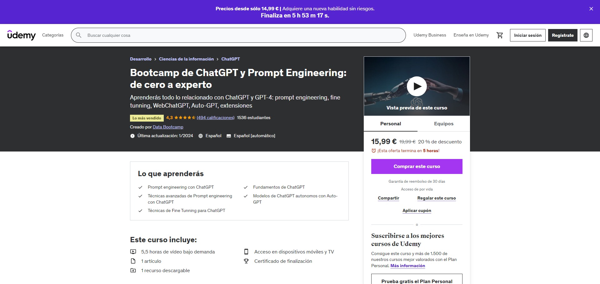 DesarrolloCiencias de la informaciónChatGPTBootcamp de ChatGPT y Prompt Engineering: de cero a experto